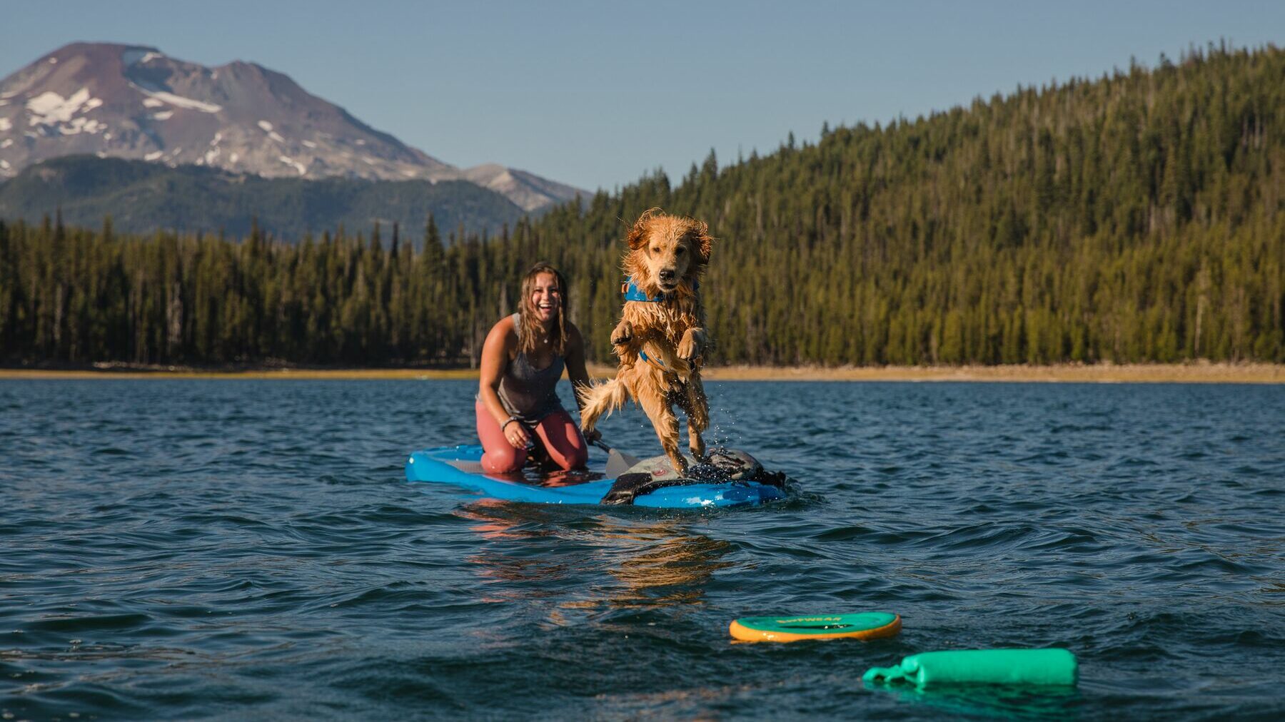 Ruffwear Dog jumping off SUP chasing toy available at Crib Goch Outdoor