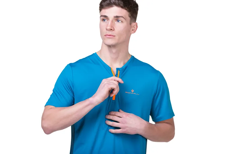 Ronhill Tech 1/2 Zip Short Sleeve Tee Mens in Petrol/Fluo Orange-2