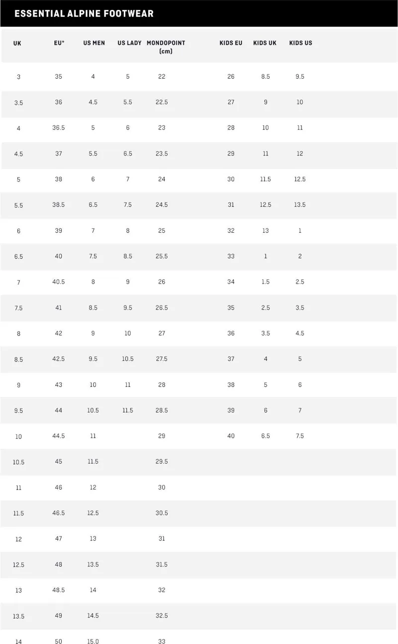 Salewa Footwear Boot Shoe Size Guide