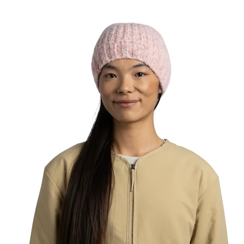 Buff Knitted and Fleece Band Hat in Dalia Pink-2