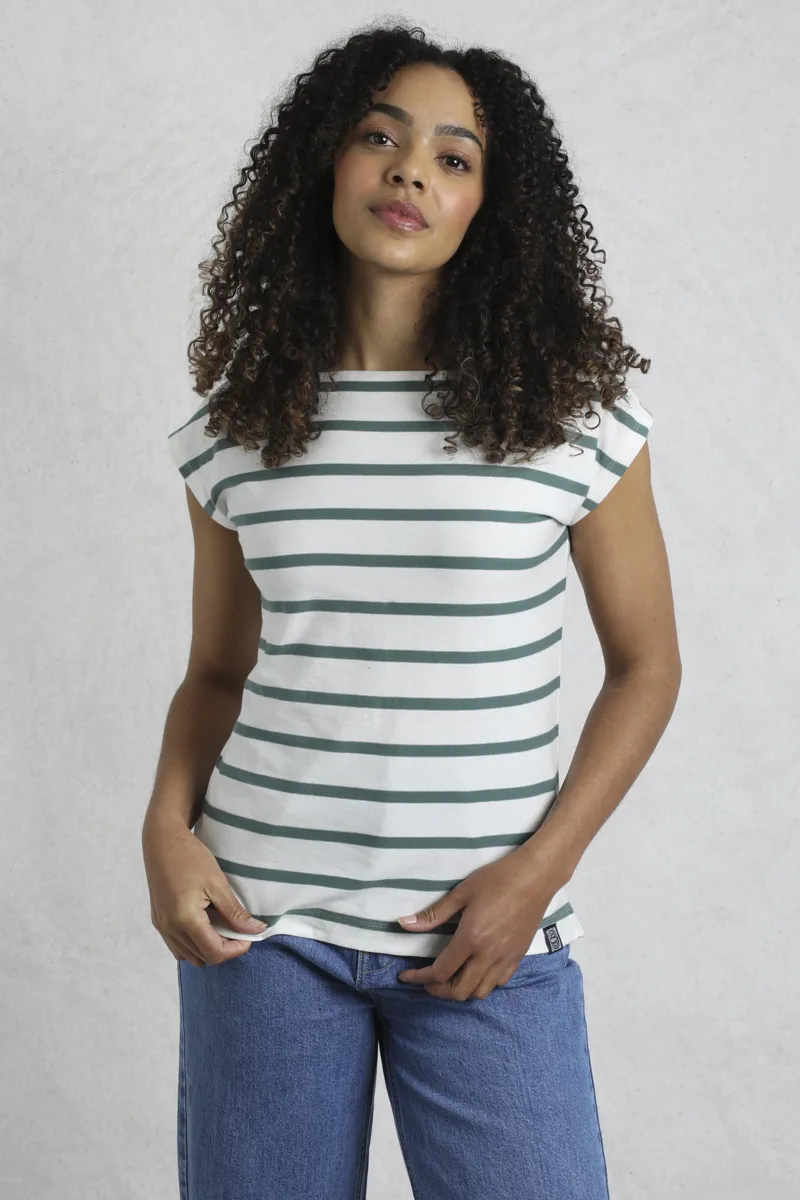 Weird Fish Bowe Organic Striped Jersey Top Womens in Mineral Blue-2