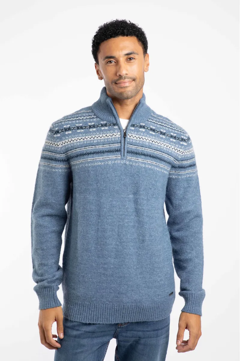 Weird Fish Larner Eco 1/4 Zip Fair Isle Jumper Mens in Pale Denim-2