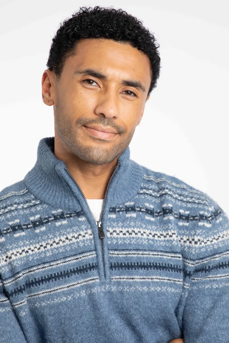 Weird Fish Larner Eco 1/4 Zip Fair Isle Jumper Mens in Pale Denim-5