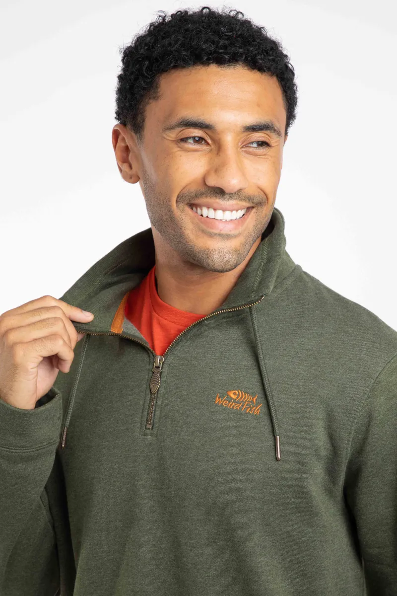 Weird Fish Brampton Branded Quarter Zip Sweater Mens in Fir Green-2