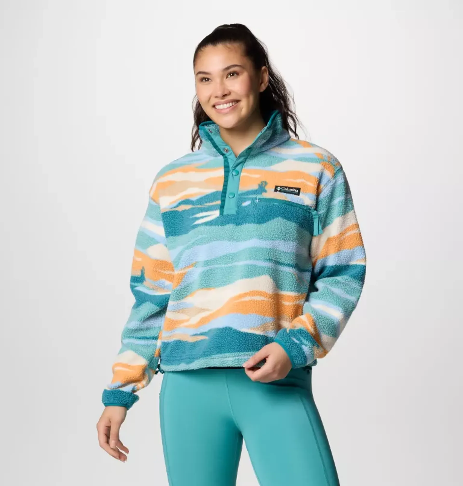 Columbia Helvetia II Sherpa Printed Fleece Womens in Teal Rogue Valley