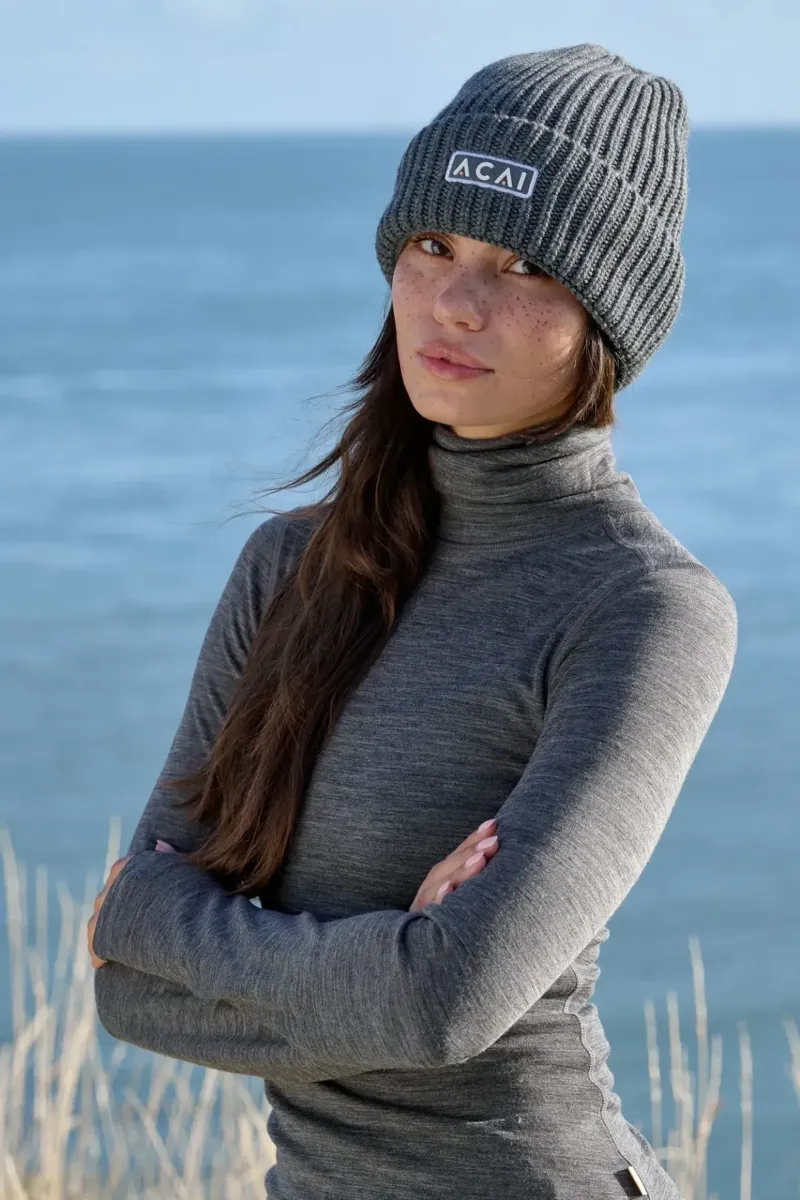 Acai Merino Lite Beanie Womens in Grey Marl-1