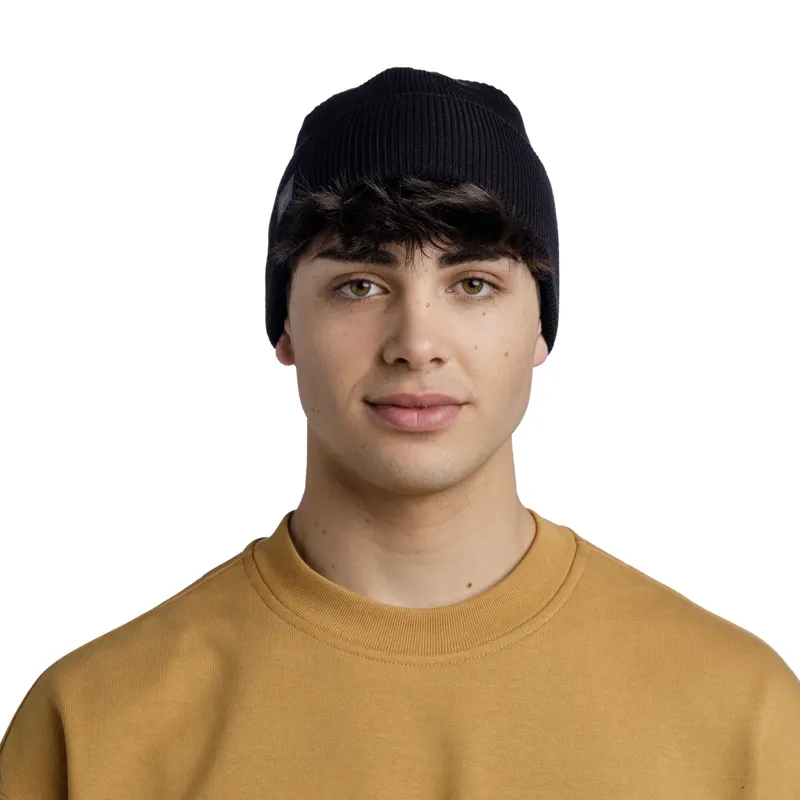 Buff Crossknit Beanie in Solid Black-3