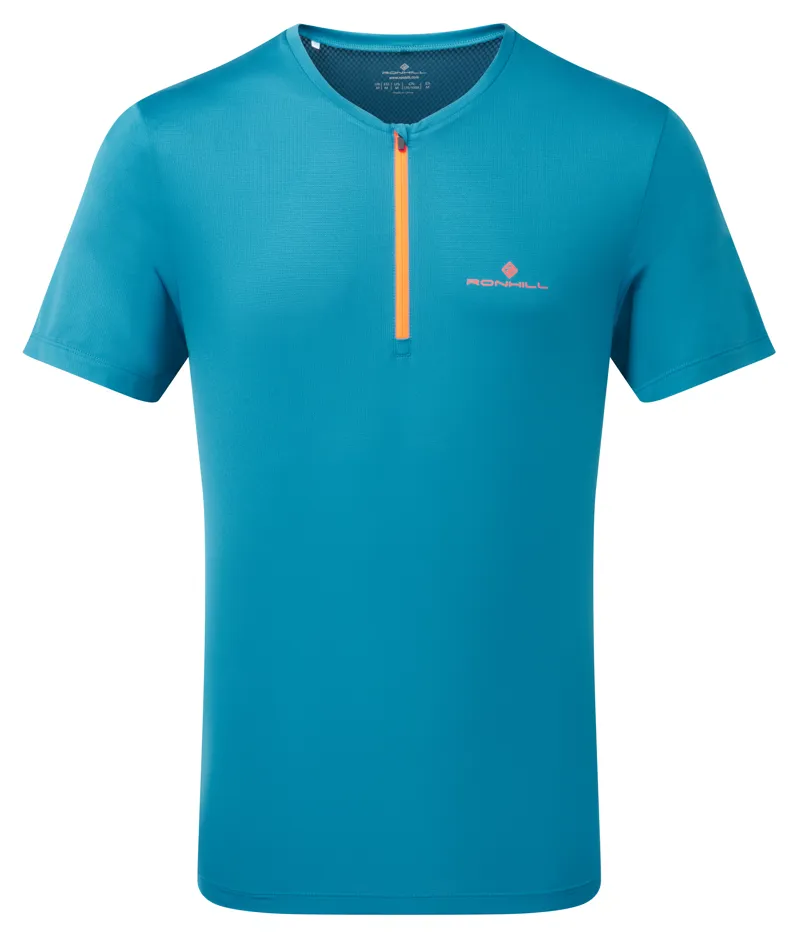 Ronhill Tech 1/2 Zip Short Sleeve Tee Mens in Petrol/Fluo Orange