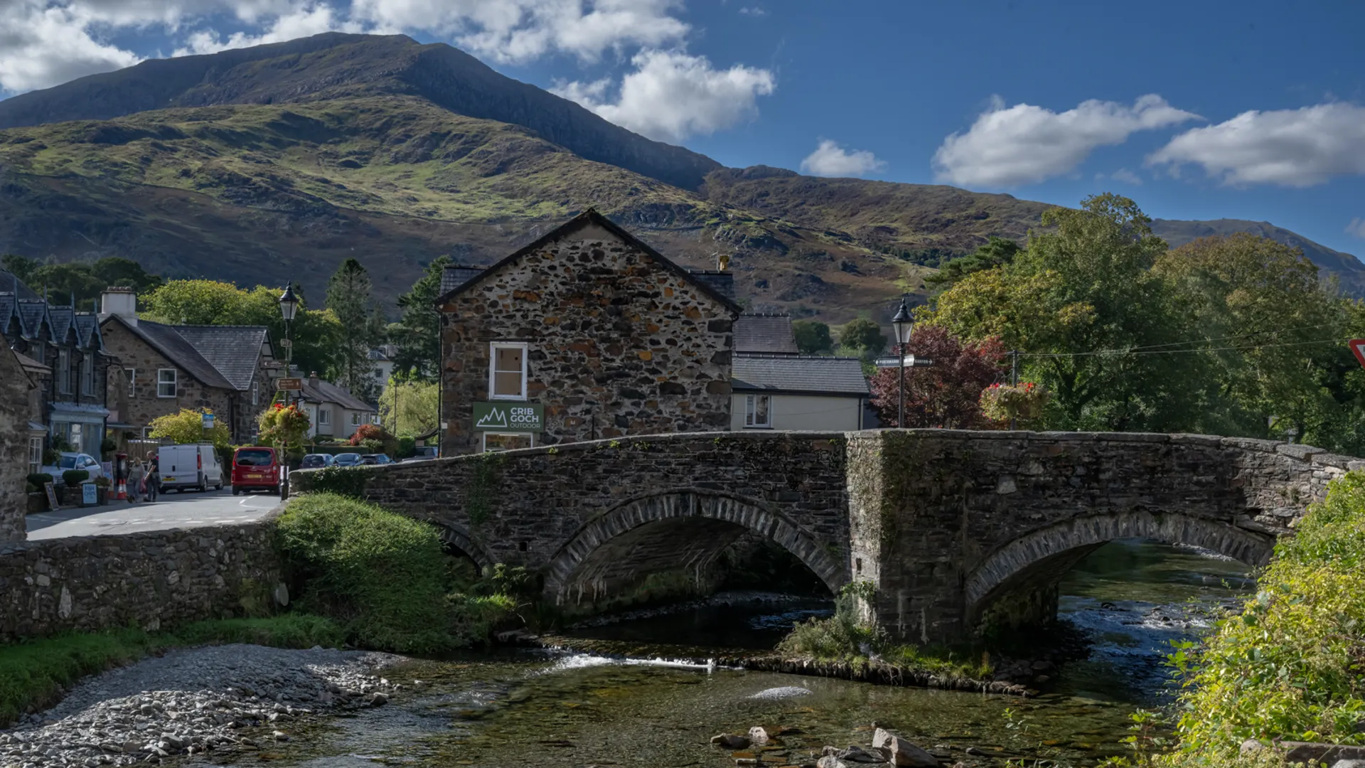 The exterior of Crib Goch Outdoor's Beddgelert store in the village centre